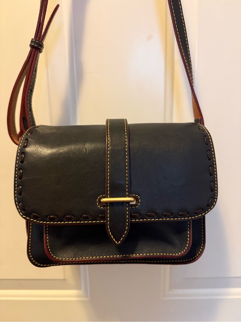 Dooney & Bourke Navy Leather Crossbody with Brown Strap and Red Trim - Picture 5 of 16